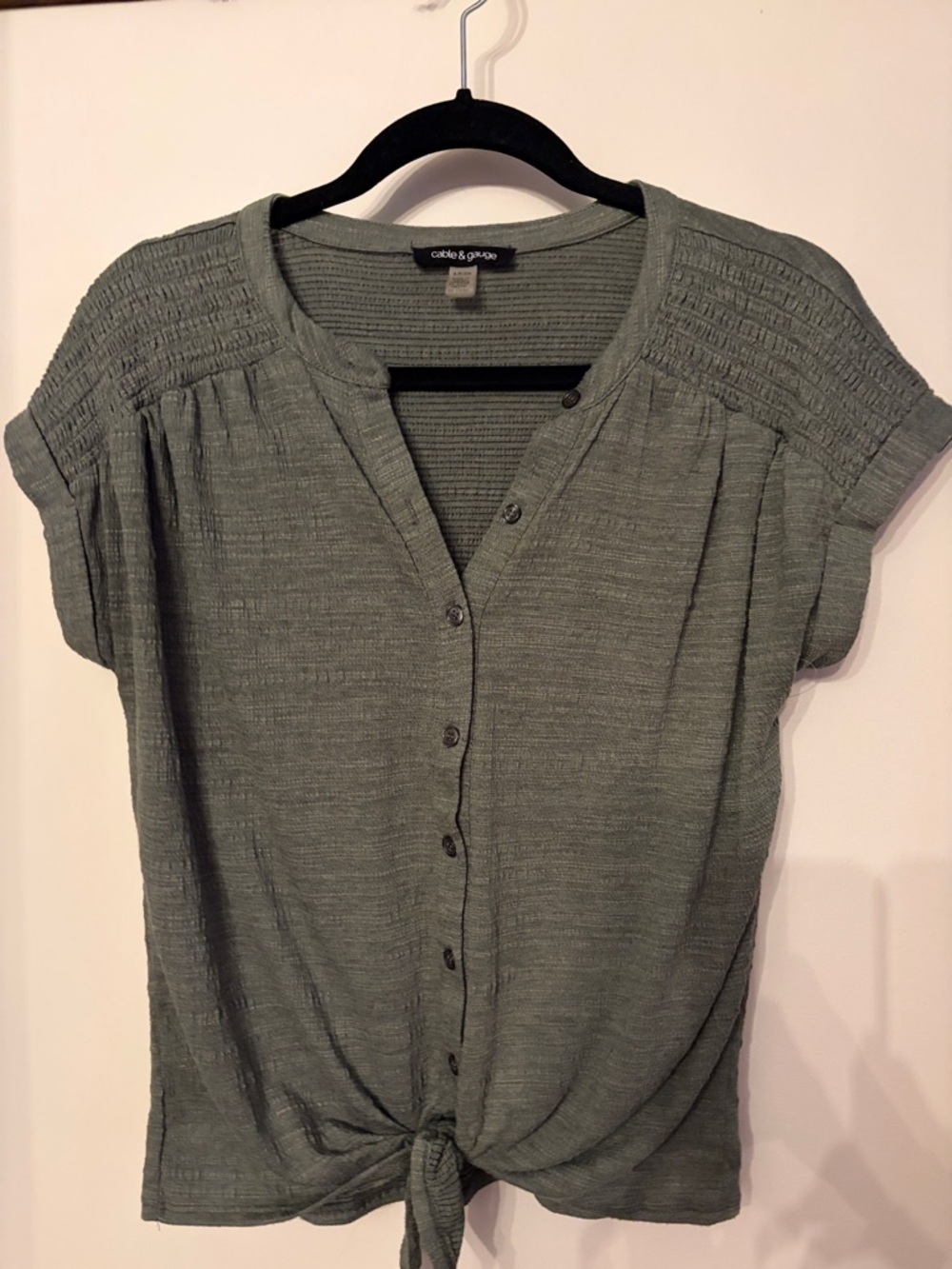 Cable & Gauge Sage Green Button-Front Tie-Hem Blouse